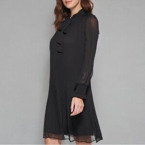 DKNY Womens Sheer Sleeve Tie Neck Pleated Dress Size 10